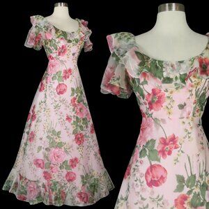 Vintage 70s Pink Floral Ruffle Boho Hippy Prom Garden Party Maxi Dress Gown XS S